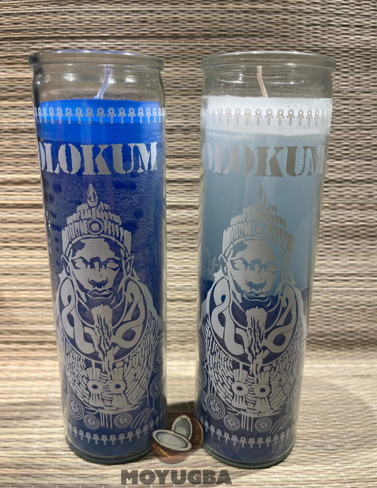 Blue and White Orisha Olokun/Olokum Candle - Handcrafted Spiritual Offering