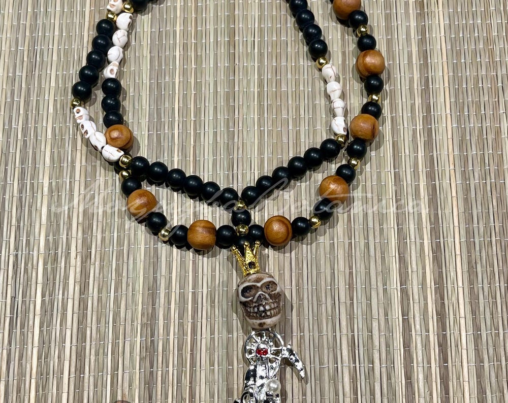 Santa Muerte White Skull Rosary with Wood Beads