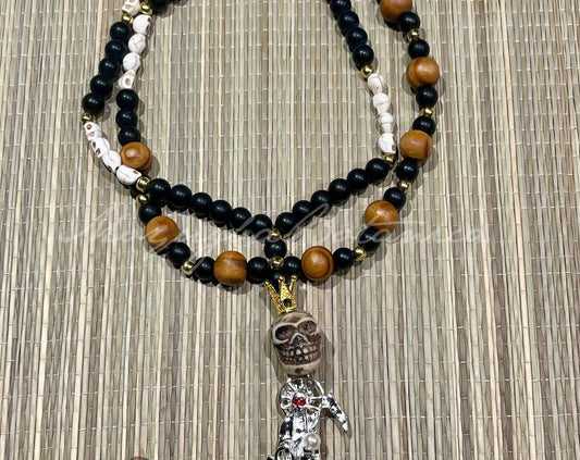 Santa Muerte White Skull Rosary with Wood Beads